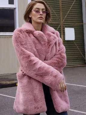 Casual Pink Eco-friendly Fur Coat with Long Sleeves and Turndown Collar