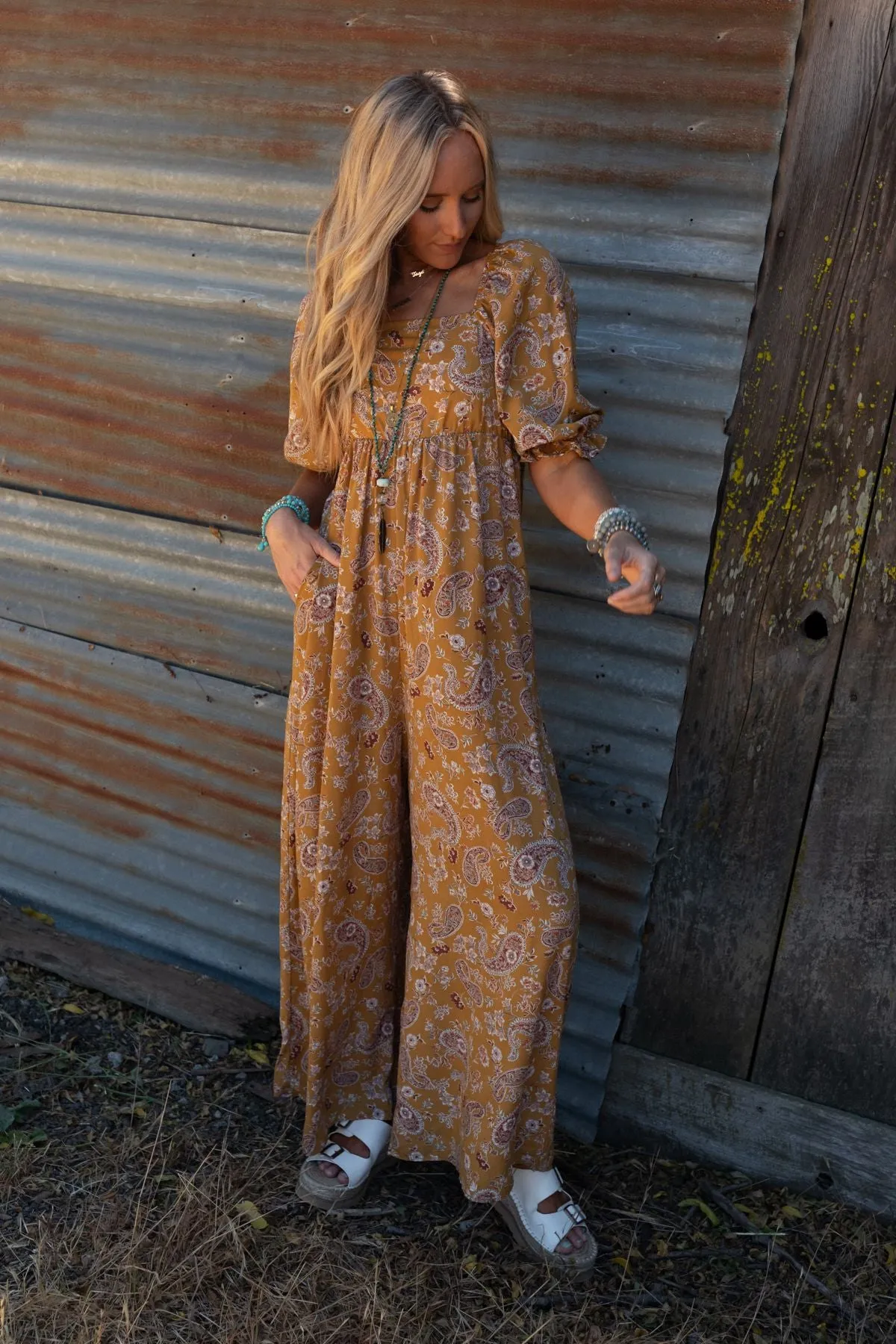 Mustard Paisley Wide Leg Jumpsuit with Print