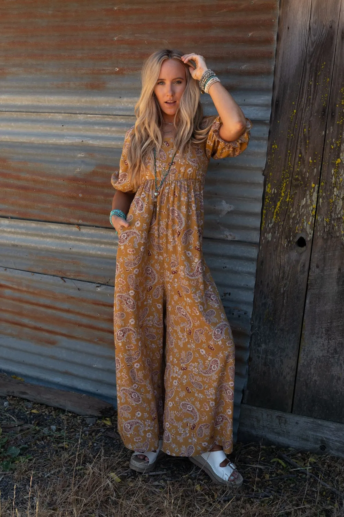 Mustard Paisley Wide Leg Jumpsuit with Print