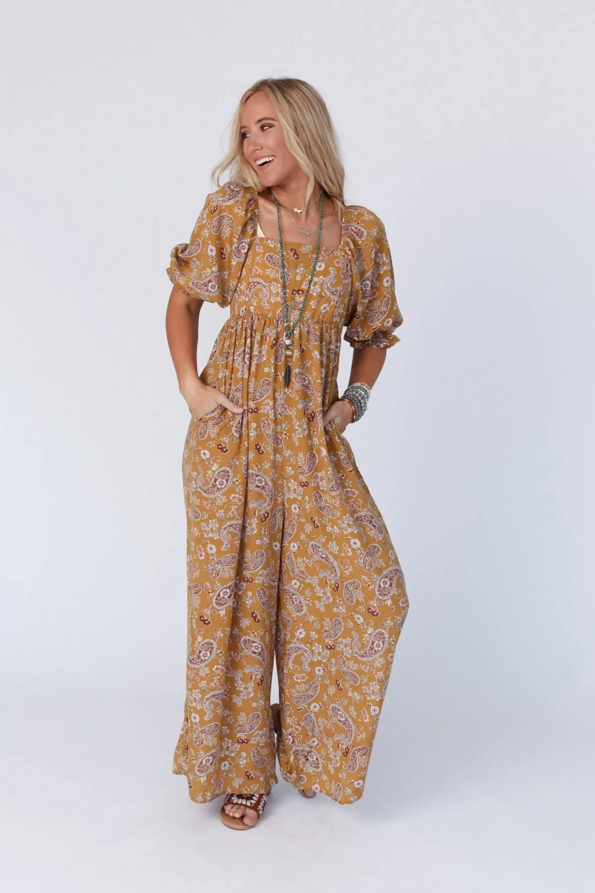 Mustard Paisley Wide Leg Jumpsuit with Print