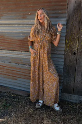 Mustard Paisley Wide Leg Jumpsuit with Print