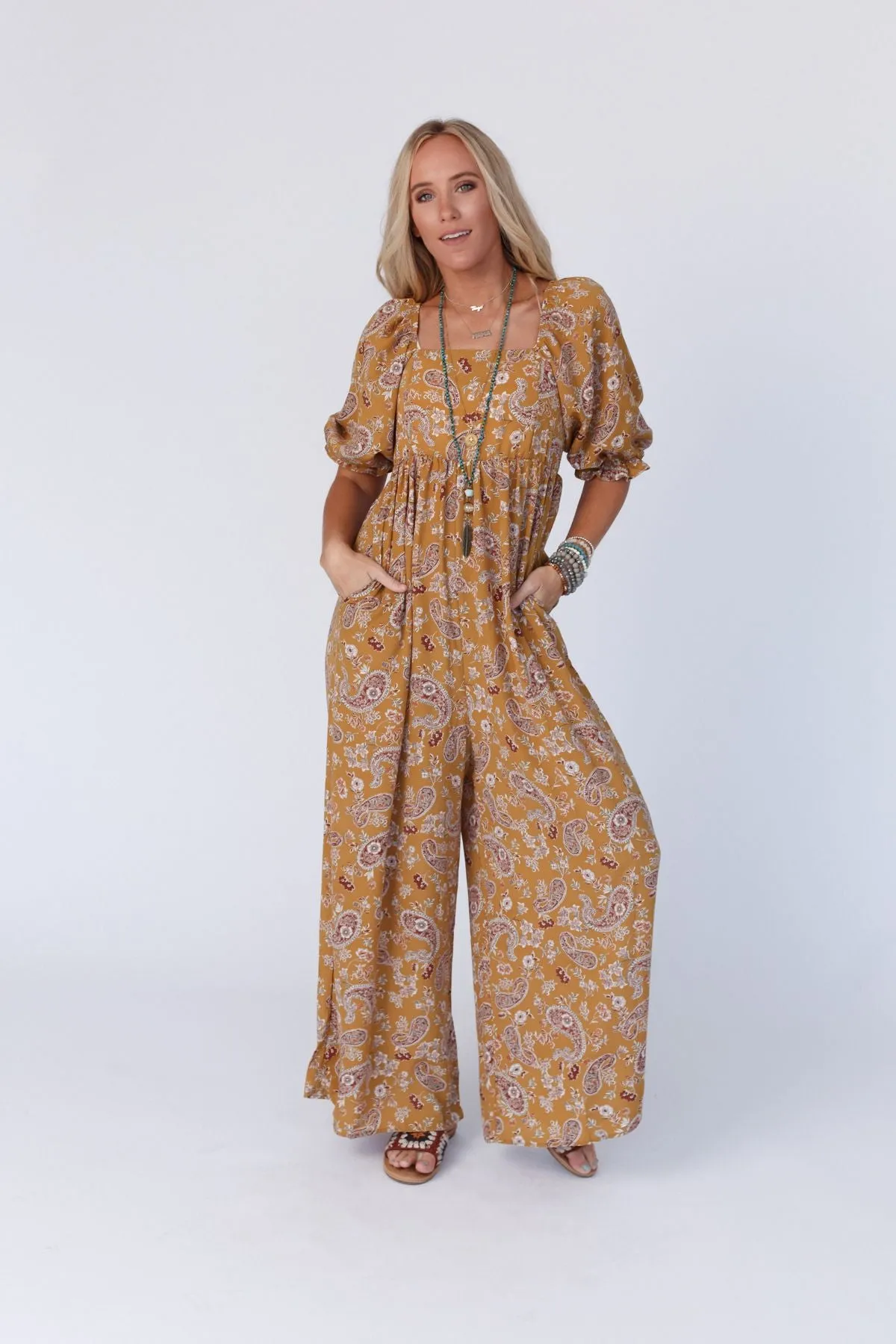 Mustard Paisley Wide Leg Jumpsuit with Print