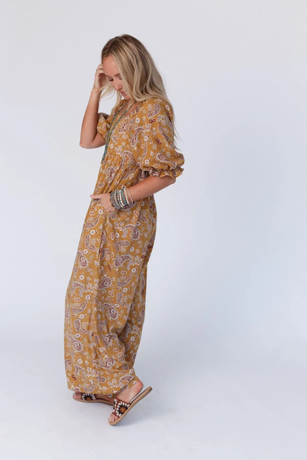 Mustard Paisley Wide Leg Jumpsuit with Print