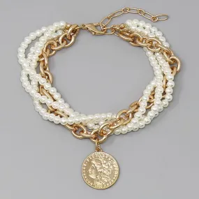 Pearl Beaded Coin Charm Multi Strand Bracelet