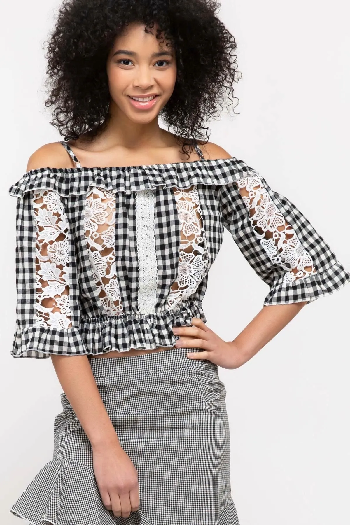 Gingham Crop Top with Lace Insets