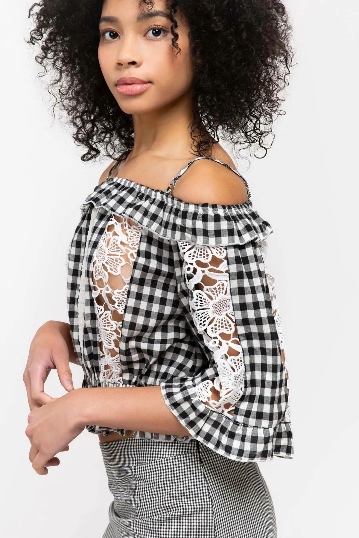 Gingham Crop Top with Lace Insets