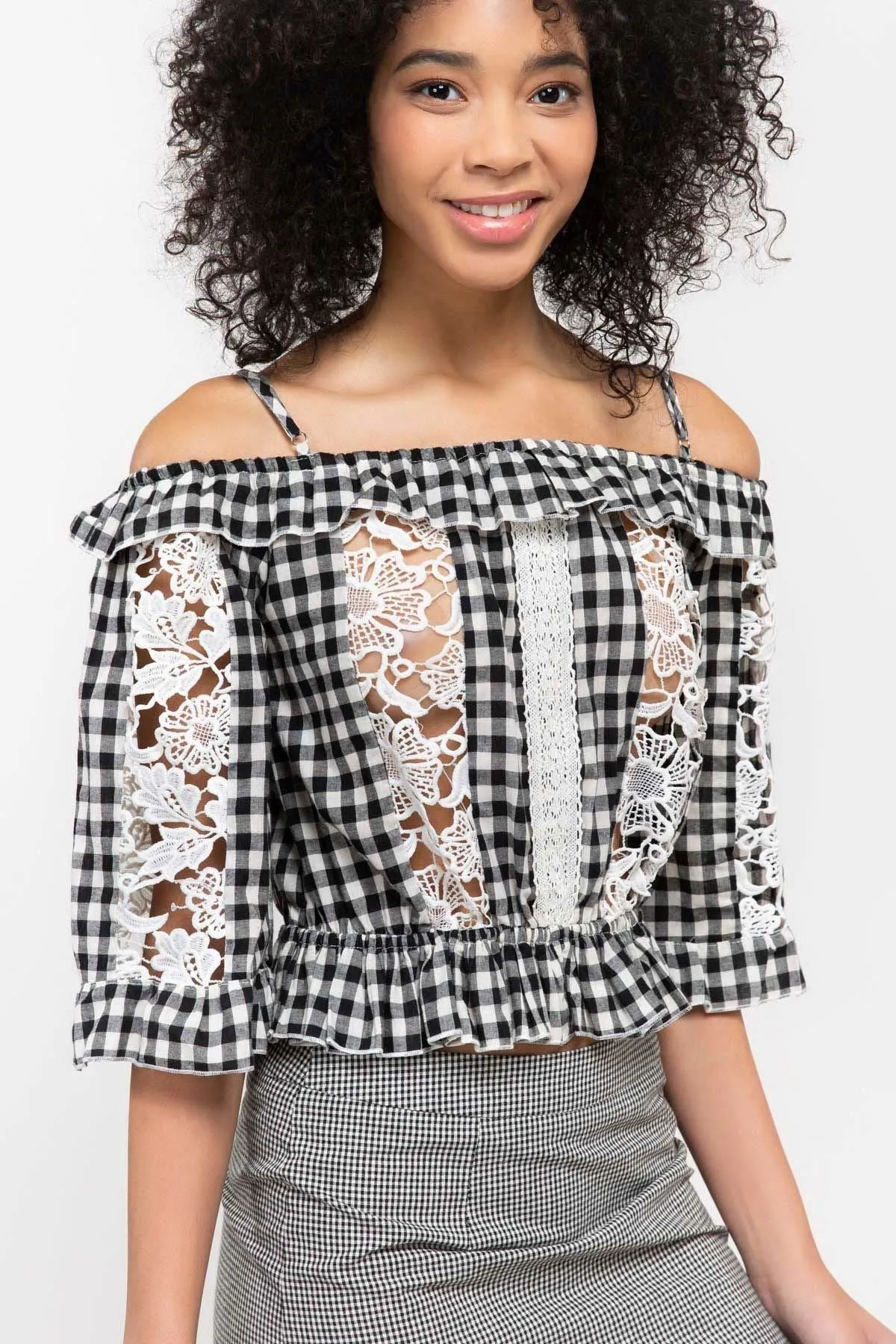 Gingham Crop Top with Lace Insets