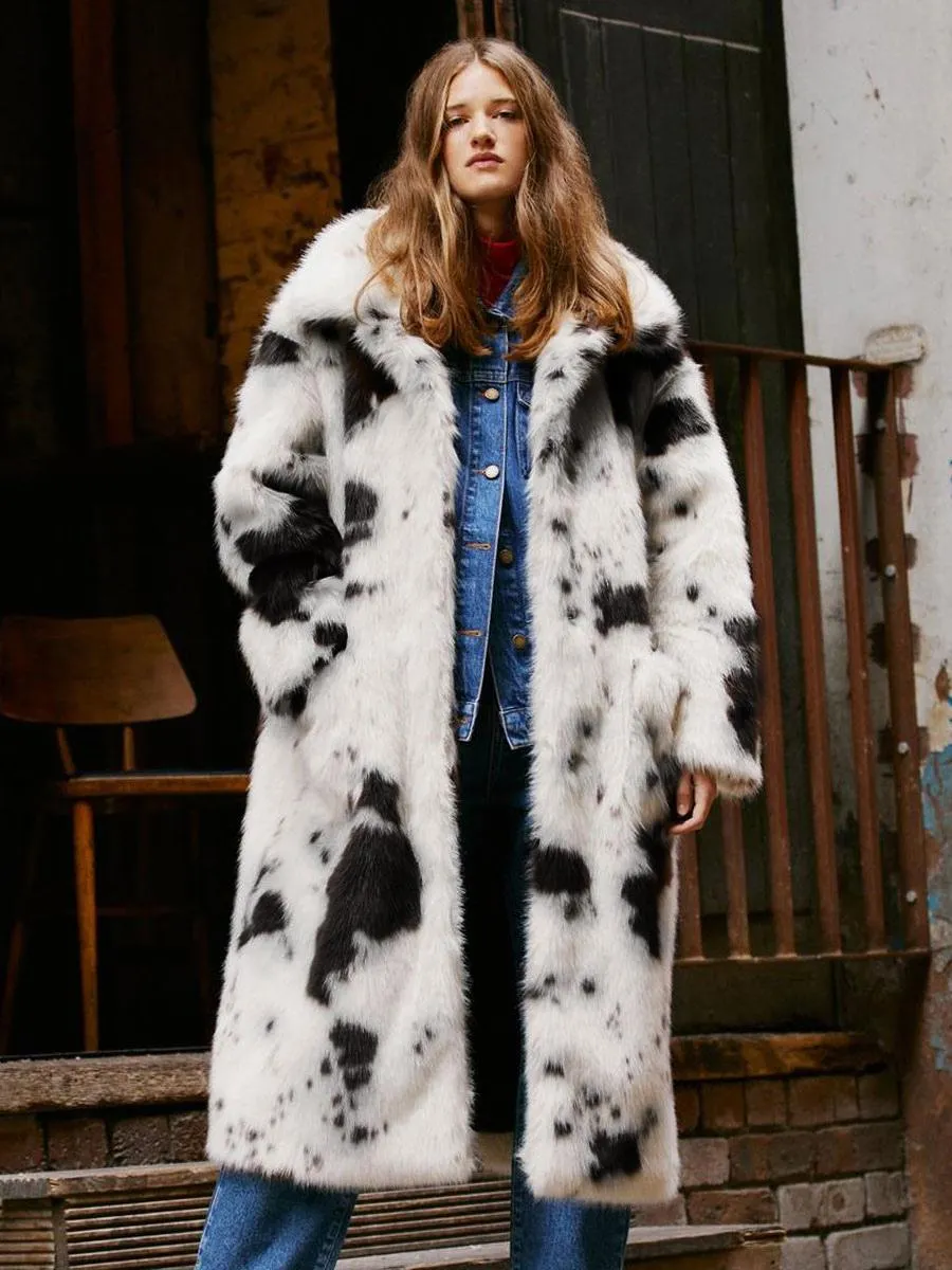 Animal Print Eco-friendly Fur Coat with Oversized Turndown Collar