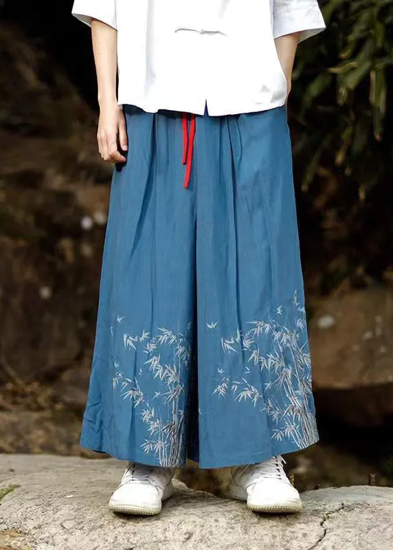 Blue Cotton Wide Leg Pants Chinese Style with Embroidered Pockets Summer Mens