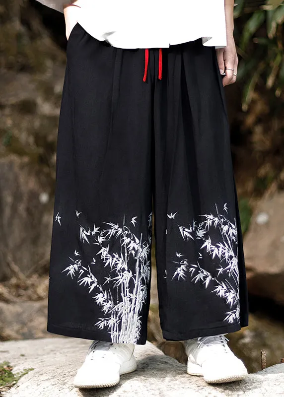 Blue Cotton Wide Leg Pants Chinese Style with Embroidered Pockets Summer Mens