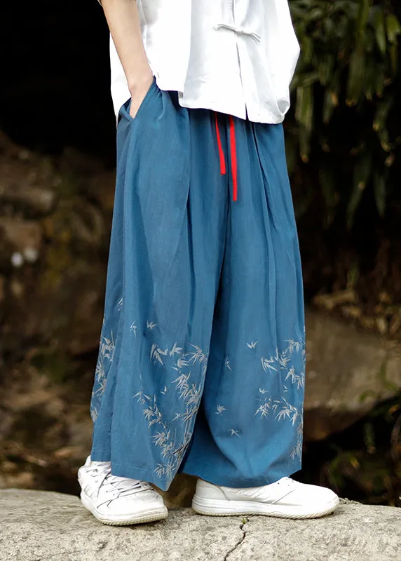 Blue Cotton Wide Leg Pants Chinese Style with Embroidered Pockets Summer Mens