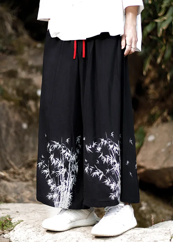 Blue Cotton Wide Leg Pants Chinese Style with Embroidered Pockets Summer Mens