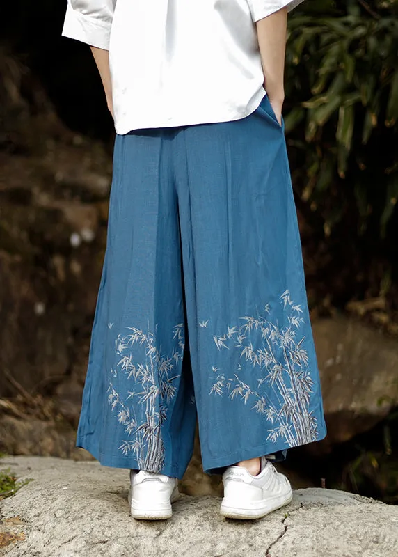 Blue Cotton Wide Leg Pants Chinese Style with Embroidered Pockets Summer Mens