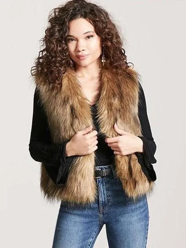 Coffee Brown Sleeveless Faux Fur Jacket - Eco-friendly