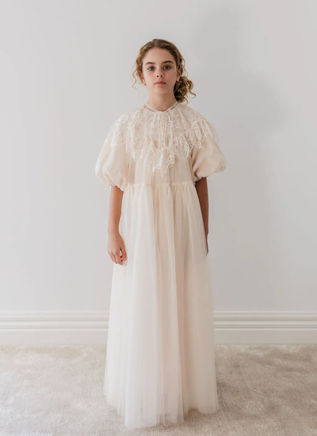 Cream Lace Collar Tulle Midi Dress