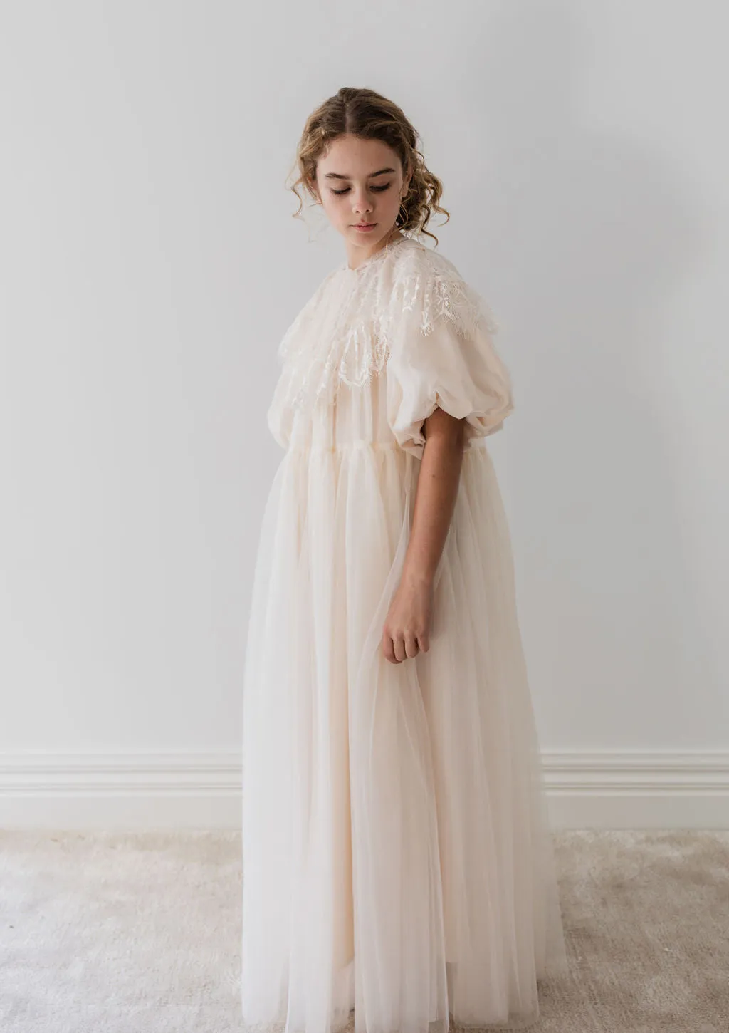 Cream Lace Collar Tulle Midi Dress