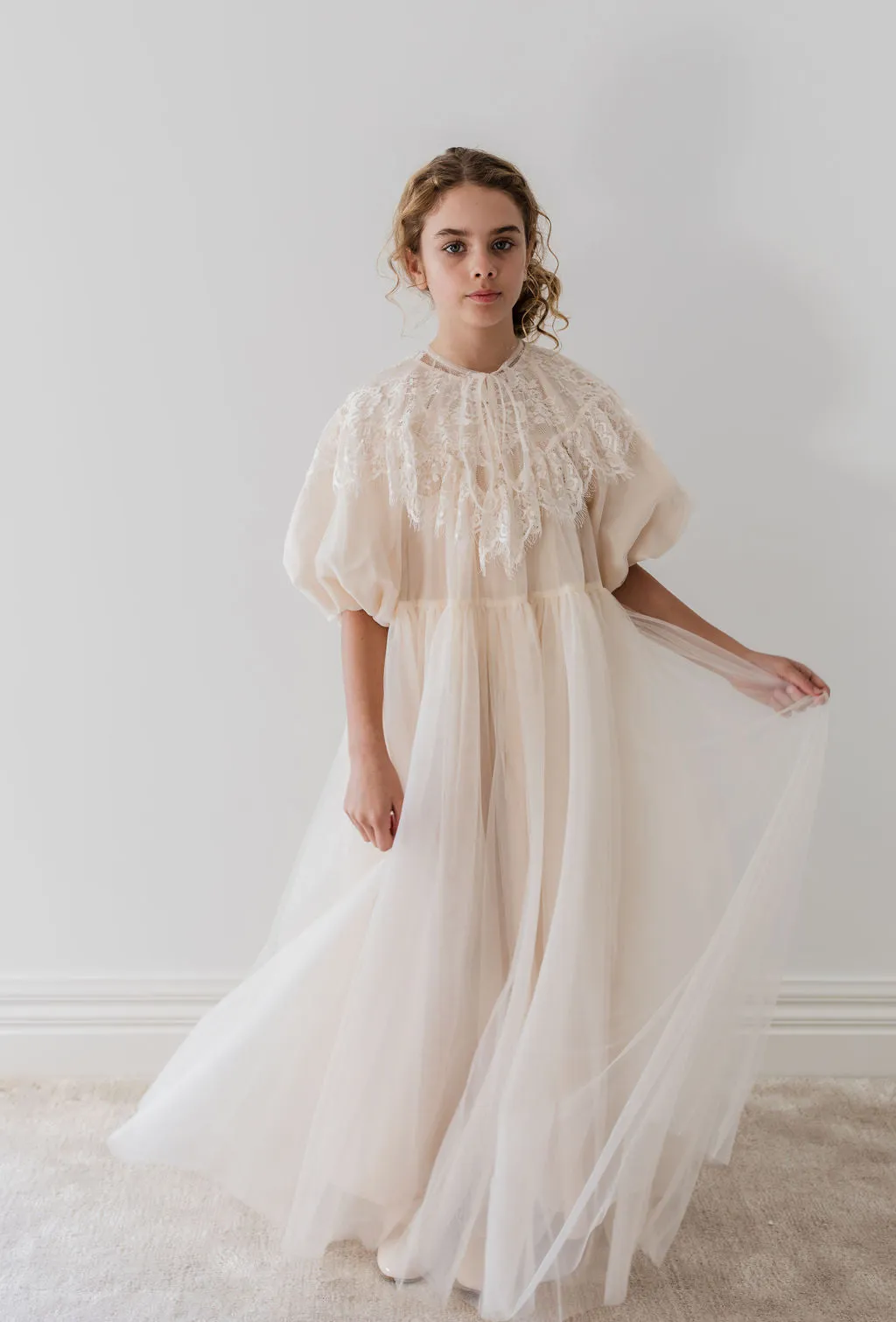 Cream Lace Collar Tulle Midi Dress