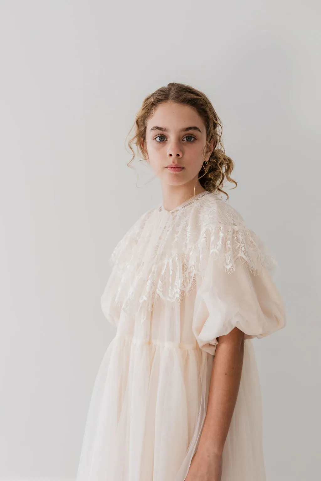 Cream Lace Collar Tulle Midi Dress