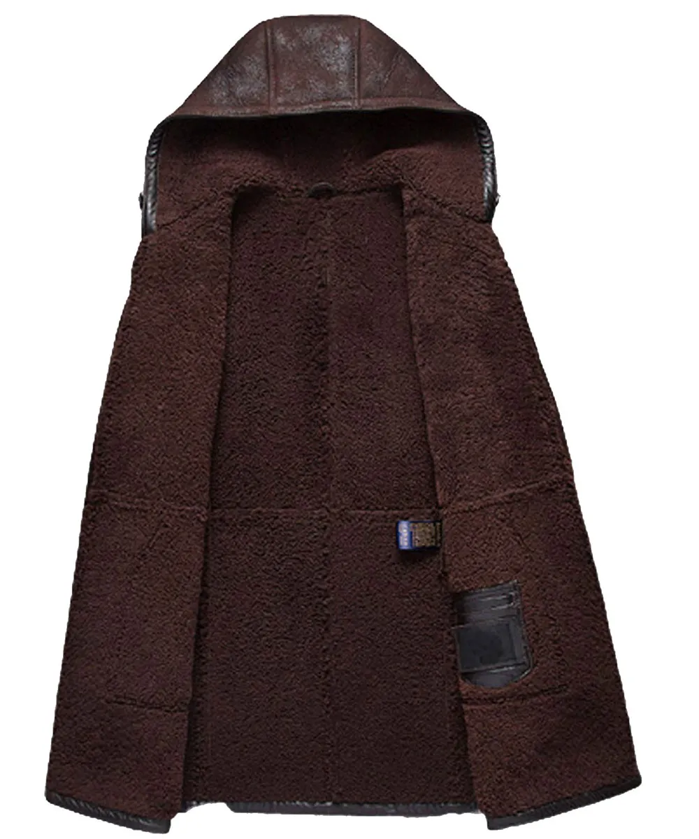 Dark Brown Shearling Leather Hooded Coat for Men by Moda Nellav