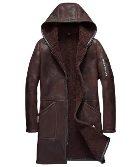 Dark Brown Shearling Leather Hooded Coat for Men by Moda Nellav