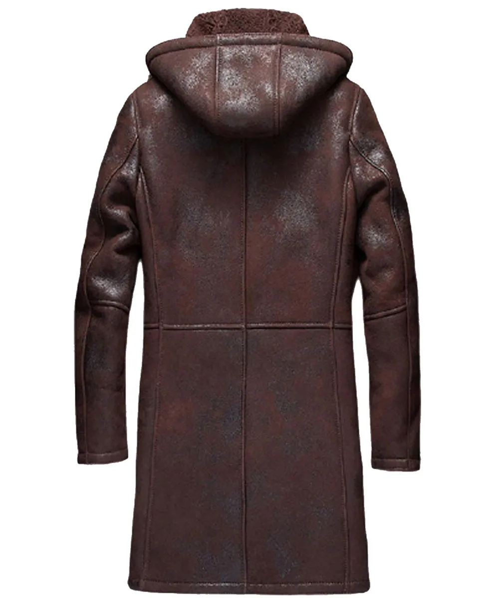 Dark Brown Shearling Leather Hooded Coat for Men by Moda Nellav