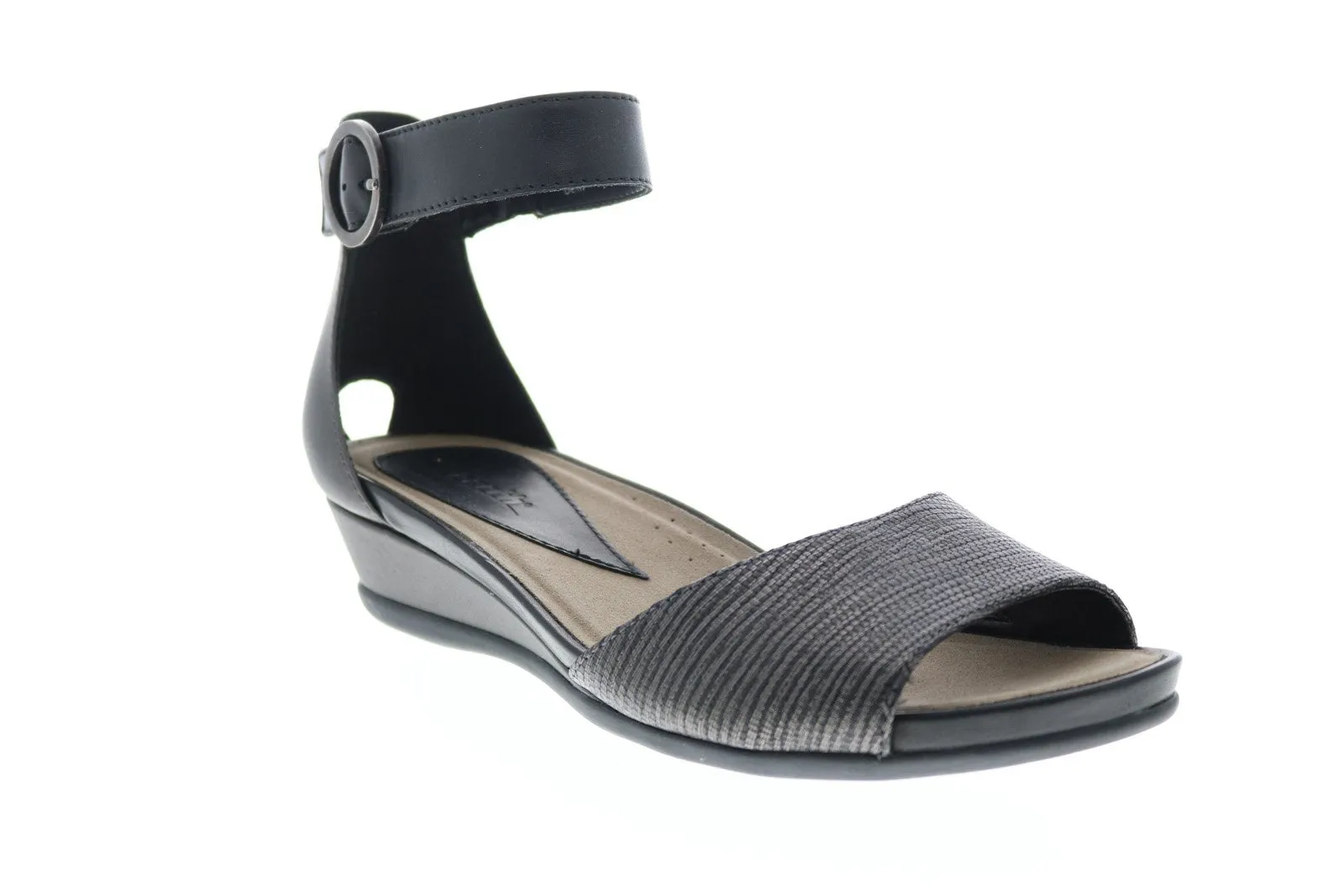 Earth Hera Textured Womens Gray Leather Strap Flats Shoes