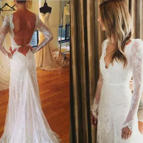 Lace A-line Long Sleeve V-Neck Backless Bridal Gown