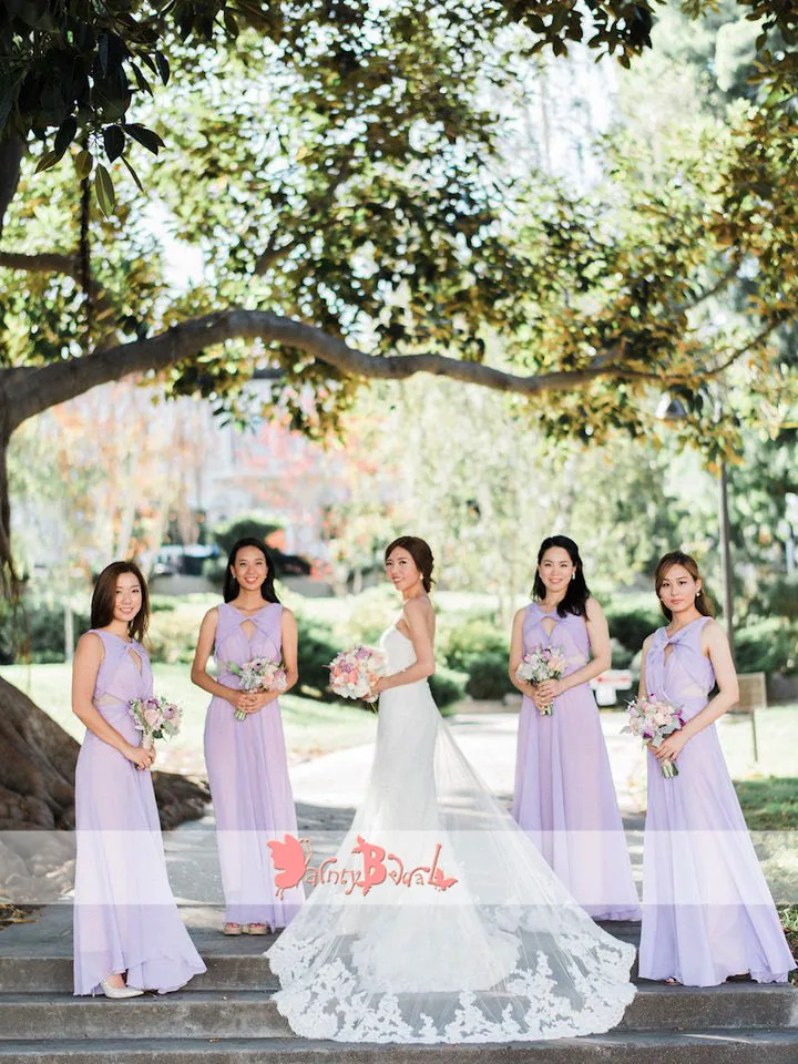 Chiffon Lilac Bridesmaid Dress with Unique Neckline, Sleeveless