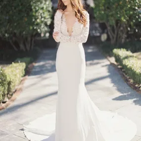 Sophisticated Deep V-Neck Mermaid Wedding Party Dress with Long Sleeves