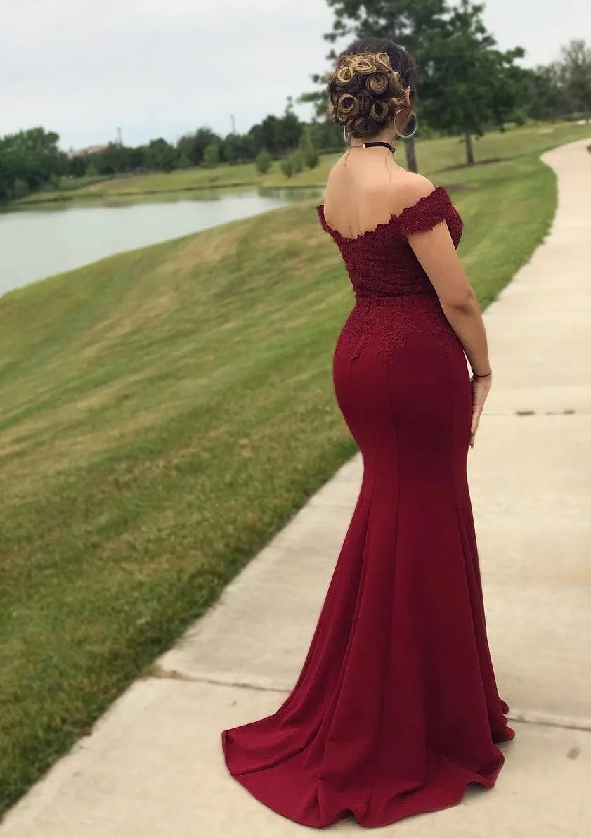 Burgundy Off-Shoulder Mermaid Evening Dress with Side Slit