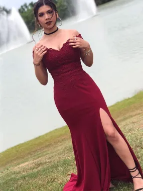 Burgundy Off-Shoulder Mermaid Evening Dress with Side Slit