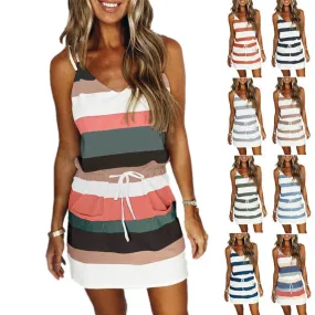 MBluxy summer women lady elegant dress striped print loose slip dresses short