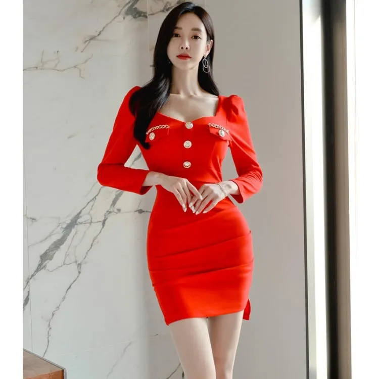 Solid Button Decor Pullover Pencil Dress