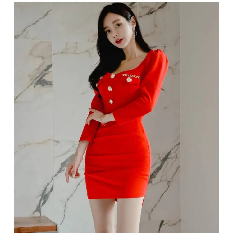 Solid Button Decor Pullover Pencil Dress