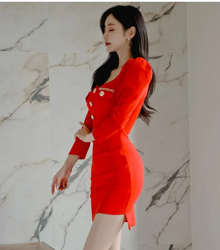 Solid Button Decor Pullover Pencil Dress