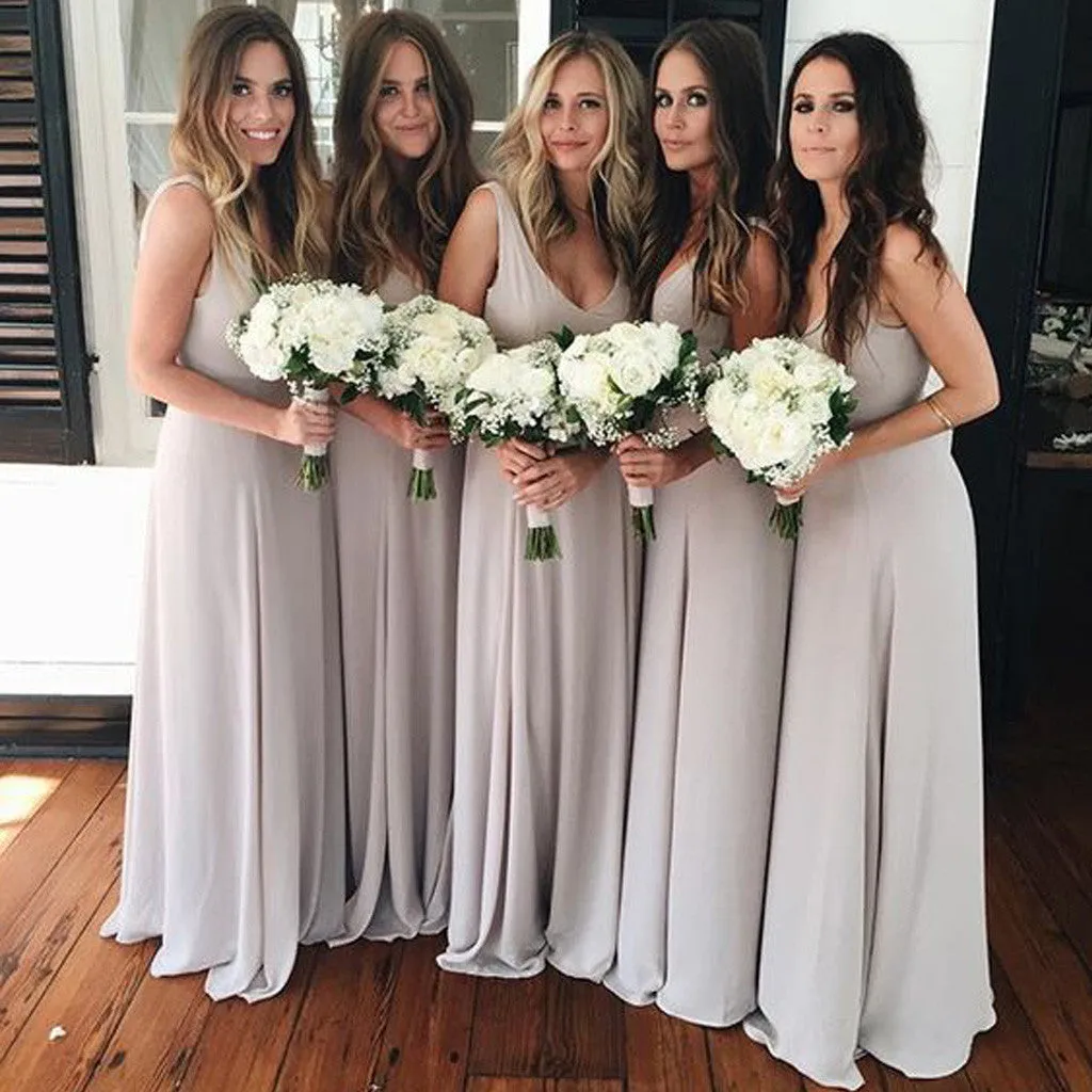 Affordable Sleeveless V-Neck Bridesmaid Gown