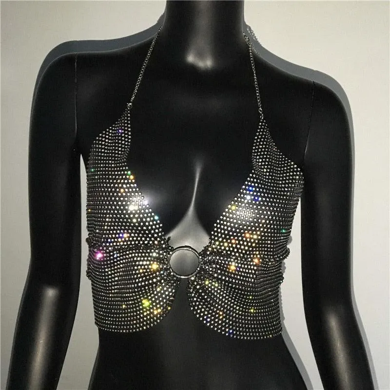 Sexy see through shiny metal halter top