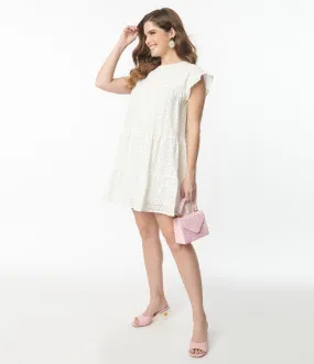 Eyelet Dress in White with Flutter Sleeves