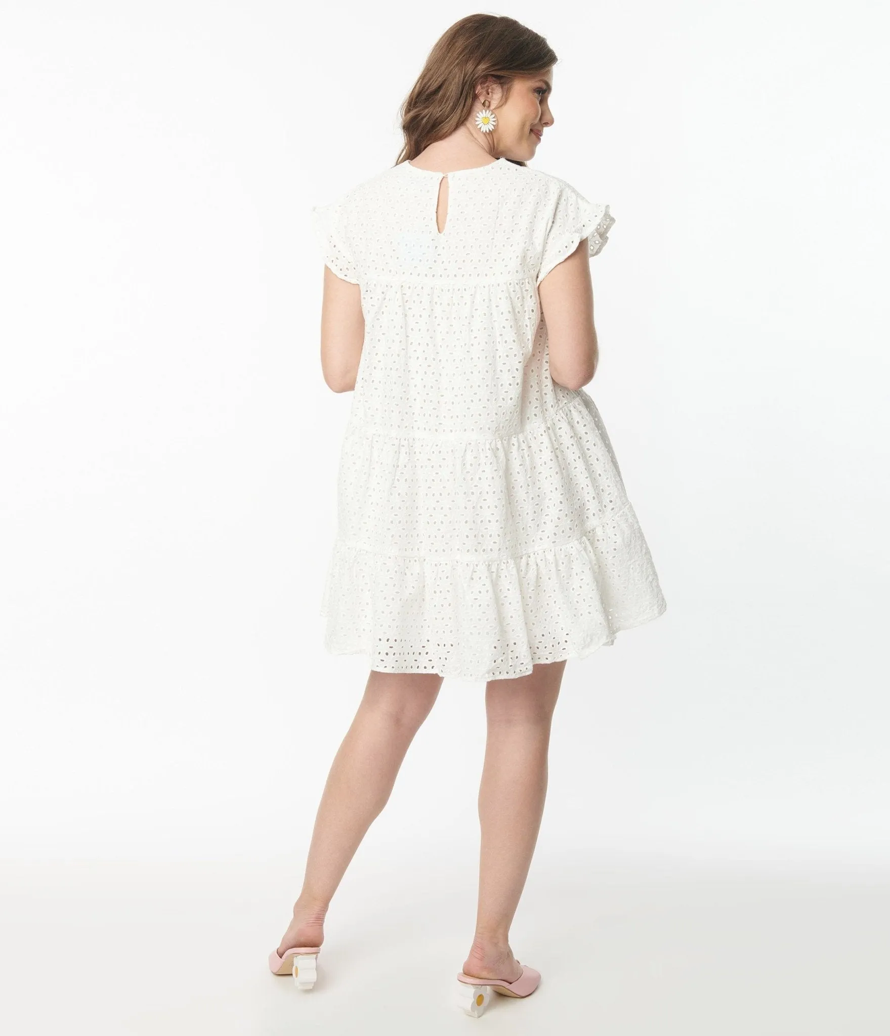 Eyelet Dress in White with Flutter Sleeves