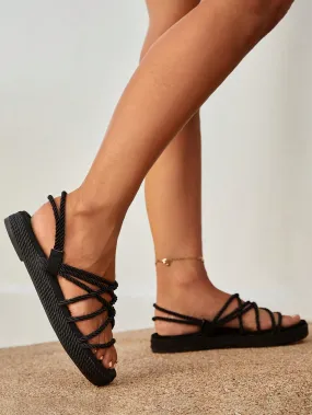 Black Fabric Flat Slingback Sandals with Cross Straps for Women