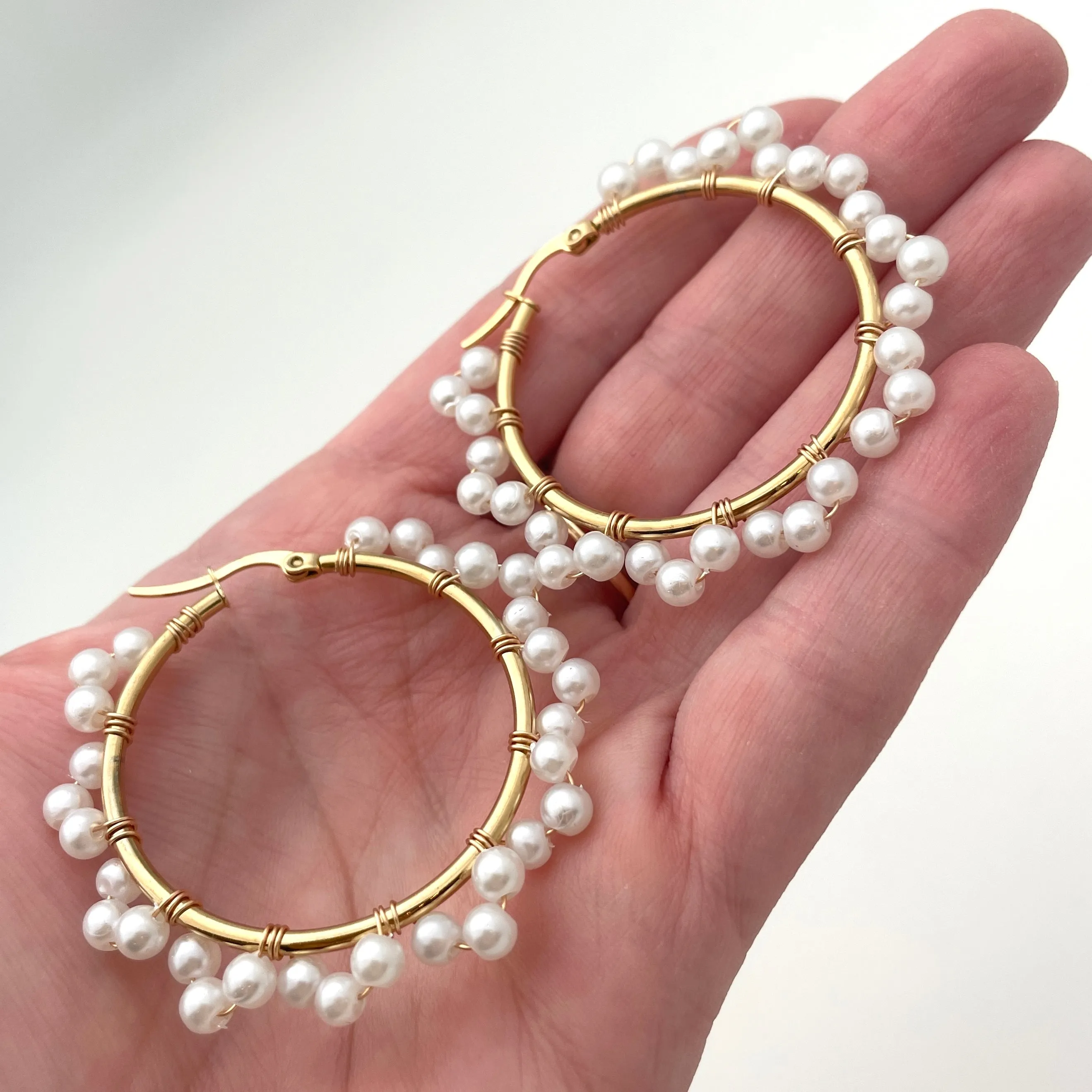 Faux Pearl Wrapped Hoop Earrings