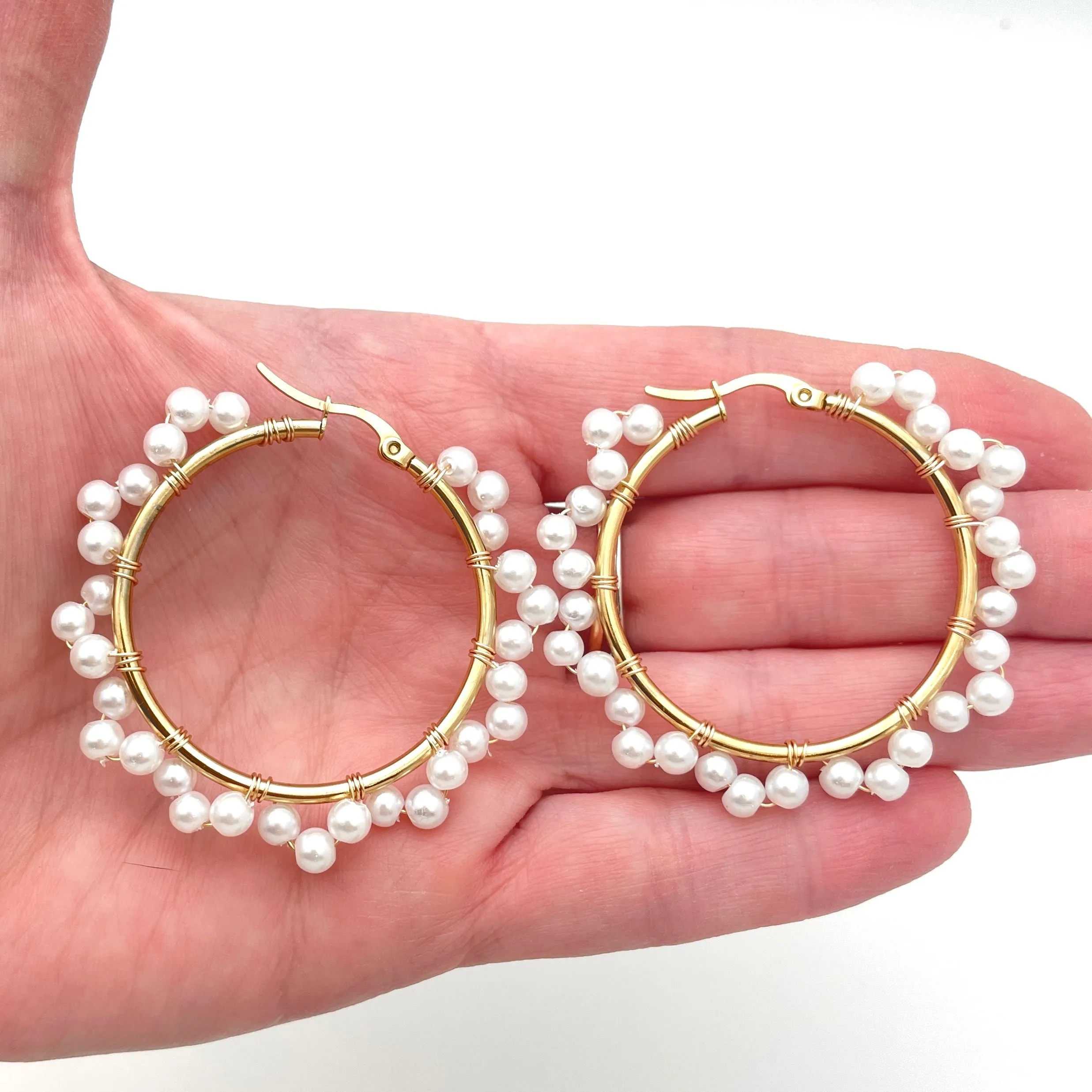 Faux Pearl Wrapped Hoop Earrings