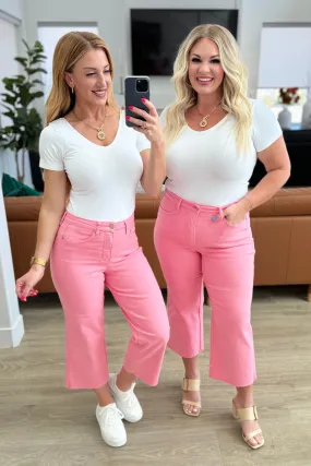 Fashionable Pink Lisa High Rise Control Top Wide Leg Crop Jeans by Judy Blue