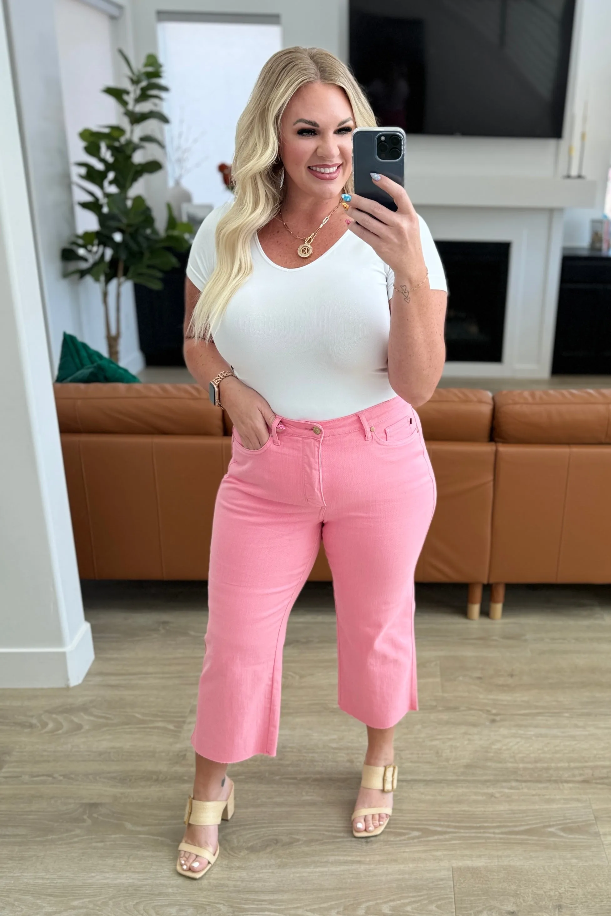 Fashionable Pink Lisa High Rise Control Top Wide Leg Crop Jeans by Judy Blue