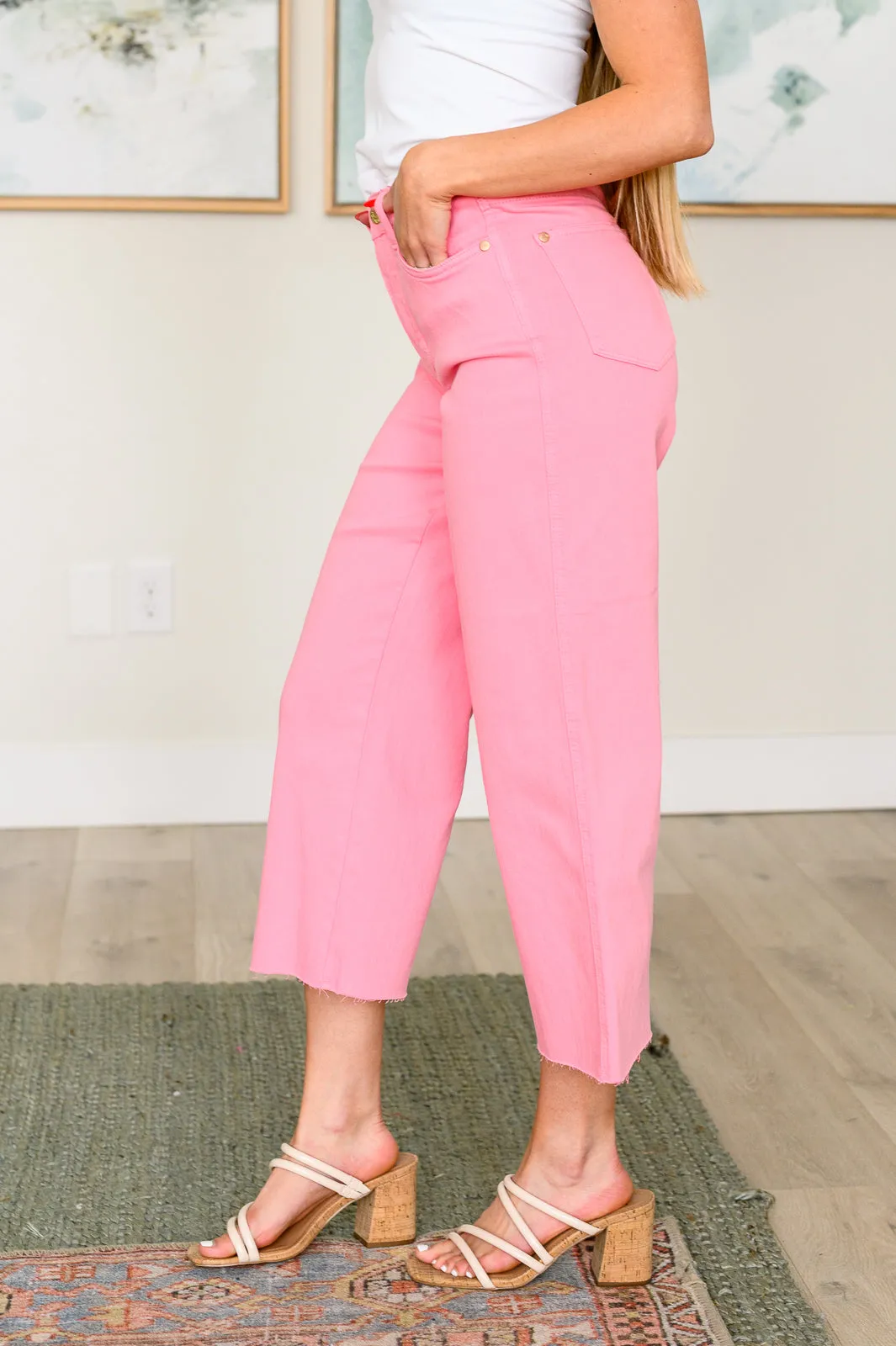 Fashionable Pink Lisa High Rise Control Top Wide Leg Crop Jeans by Judy Blue