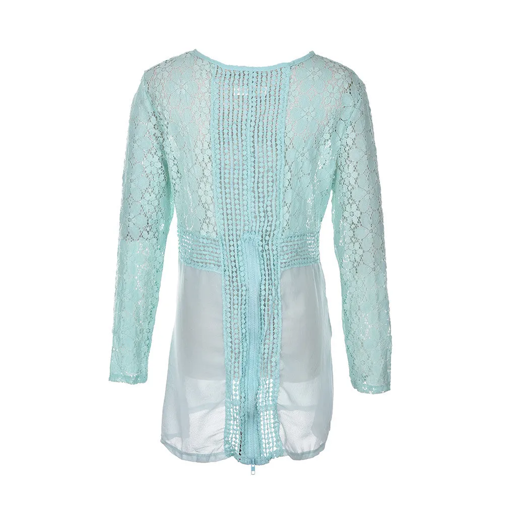 Full Sleeve Lace Blouses with Floral Embroidery and Crochet Details for Women