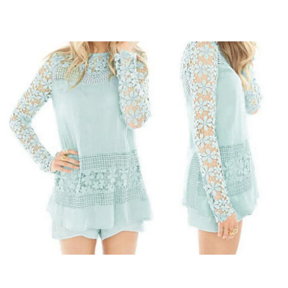 Full Sleeve Lace Blouses with Floral Embroidery and Crochet Details for Women