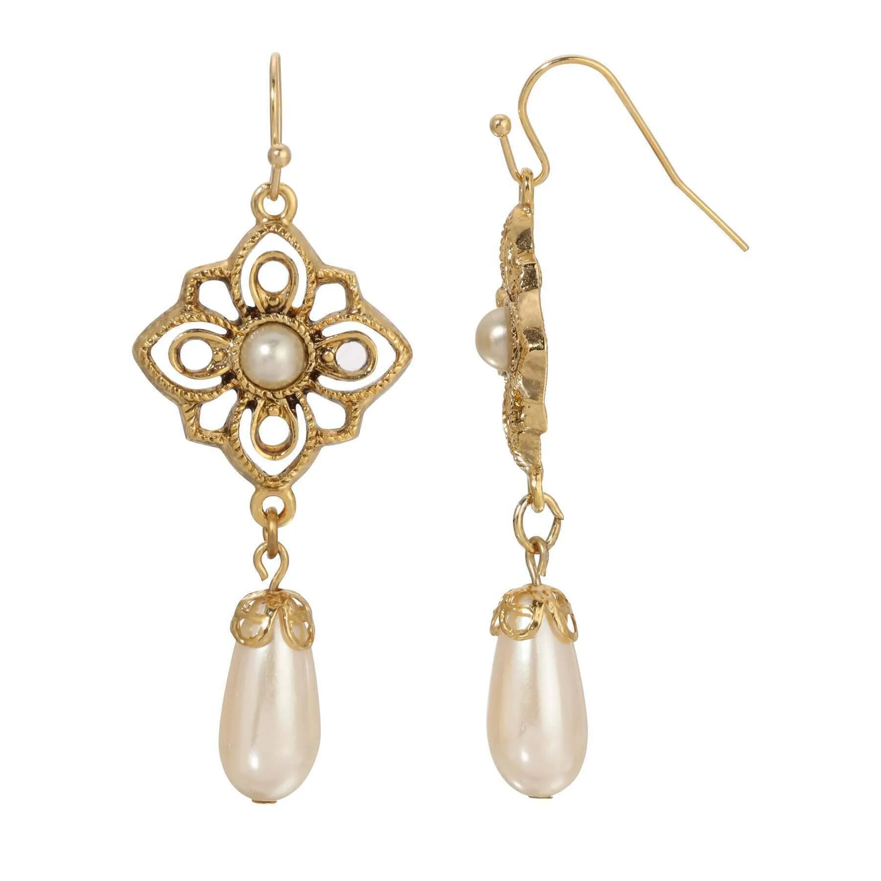 Golden Allure Teardrop Faux Pearl Dangling Earrings by 1928 Jewelry