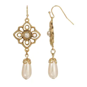 Golden Allure Teardrop Faux Pearl Dangling Earrings by 1928 Jewelry