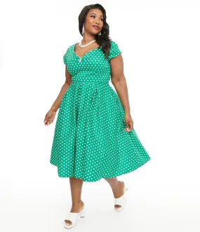 Green & White Polka Dot Off The Shoulder Swing Dress